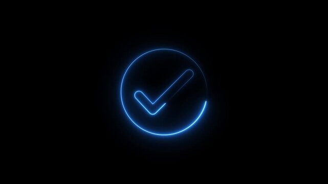 Glowing neon light tick mark icon with circle animation true sign on black background with alpha channel. Blue neon check mark button and circle. neon success, approved concept,
