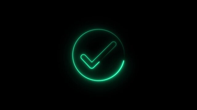 Glowing neon light tick mark icon with circle animation true sign on black background with alpha channel. Green neon check mark button and circle. neon success, approved concept,
