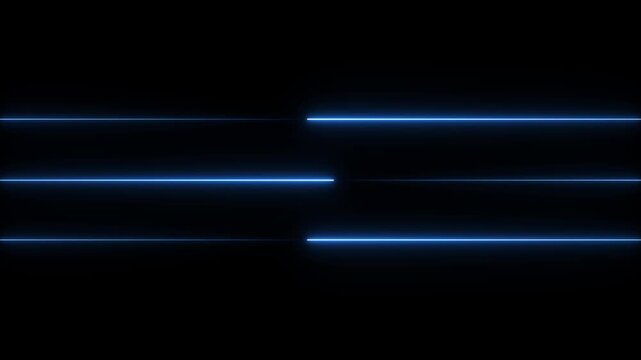 Abstract glowing rainbow blue colour neon lines left to right motion graphic. Neon lights blinking lines moving animation on black background.