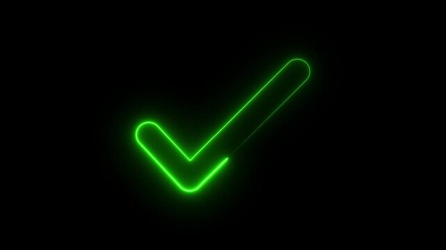 Glowing neon light tick mark icon animation true sign on black background with alpha channel. Green neon check mark button. neon success, approved concept,