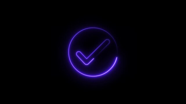 Glowing neon light tick mark icon with circle animation true sign on black background with alpha channel. neon check mark button and circle. neon success, approved concept,