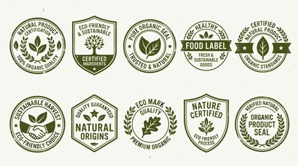 Obraz premium Minimal Green Organic Certification Badge Collection with Vintage Eco Seal Designs, Nature Label Vector Illustration Set for Sustainable Branding
