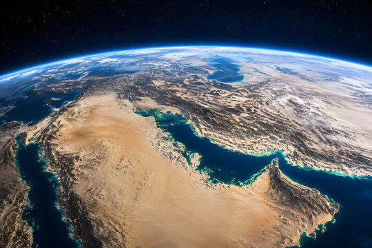 Satellite view of earth showing Middle East Arabian Peninsula arid desert land and blue ocean.