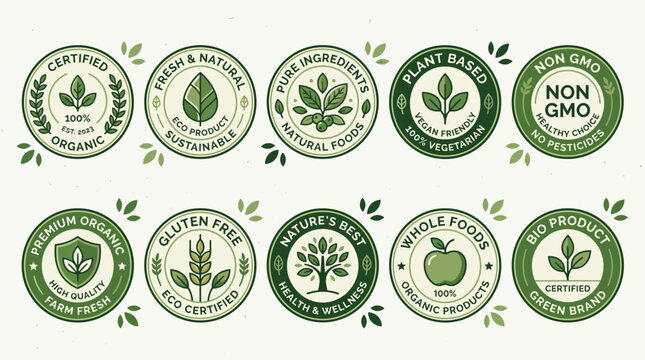Modern Organic Certification Badge Set with Green Eco Quality Seals and Sustainable Food Labels, Flat Vector Illustration Collection