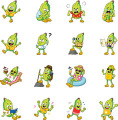 Obraz premium Expressive cactus mascots showing emotions, travel, reading, dancing, fitness, relaxation, celebration, summer activities. 
