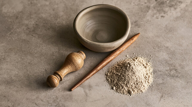 Half-formed clay Tower of Babel model with sand and tool, communication and learning concept