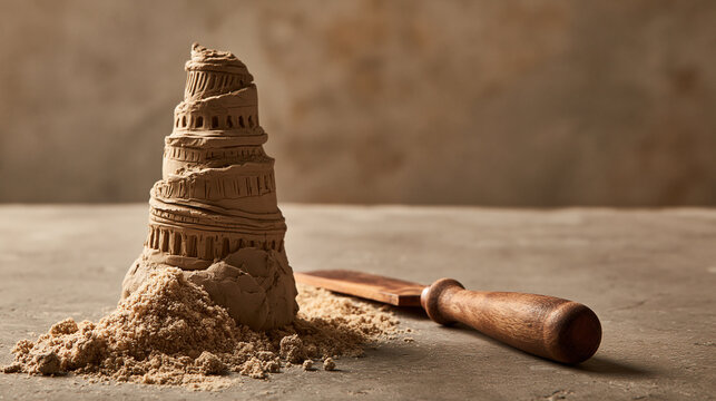 Half-formed clay Tower of Babel model with sand and tool, communication and learning concept