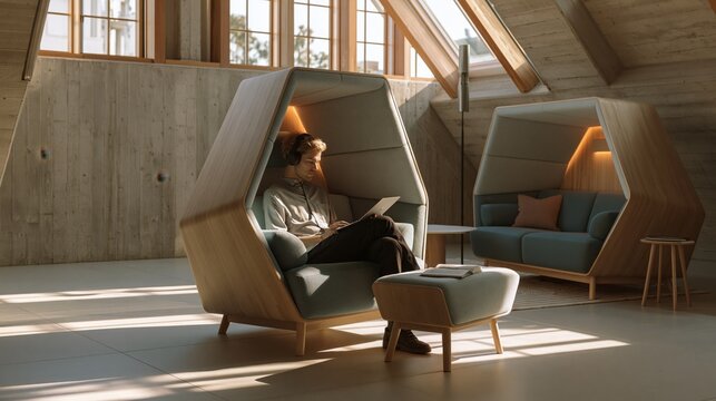Man work in modern acoustic pod, focus, quiet space, cozy, sunlight