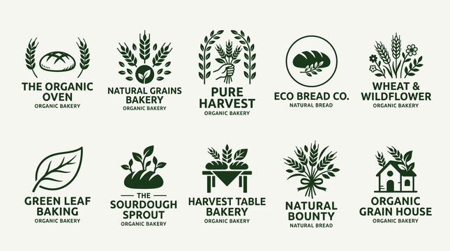 Minimal artisan bakery and organic bread logo collection in modern green flat vector style featuring sourdough, wheat and natural baking branding
