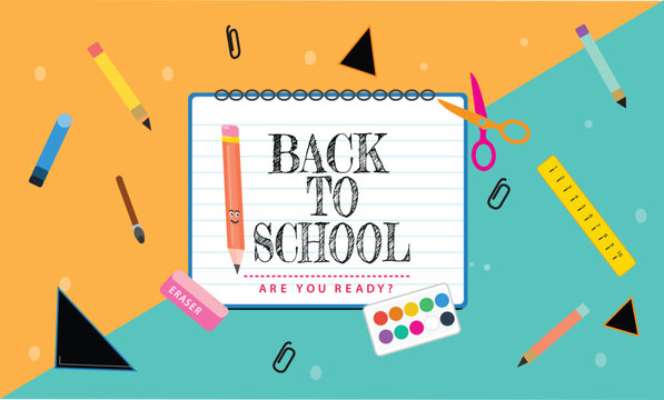 Back to school vector banner with educational supplies, colorful school stationery background, flat lay composition with notebook and pencils