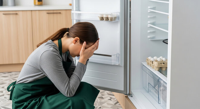 Woman in apron distressed by empty refrigerator, symbolizing scarcity, financial hardship, or food insecurity, a relatable moment of worry.