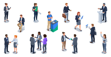 Naklejka na ściany i meble Convention center people vector set networking, giving presentations and attending corporate events | Isometric flat illustration