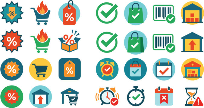 Colorful flat vector icon set of e-commerce, shopping discount, inventory warehouse, and delivery elements.