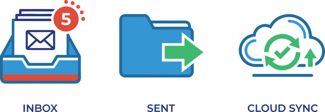 Colorful flat vector icon set of email inbox, sent folder, and cloud sync elements.
