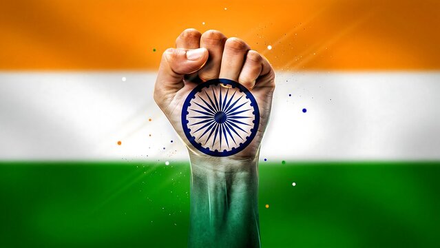 Raised hand holding the indian flag symbolizing national pride and patriotism