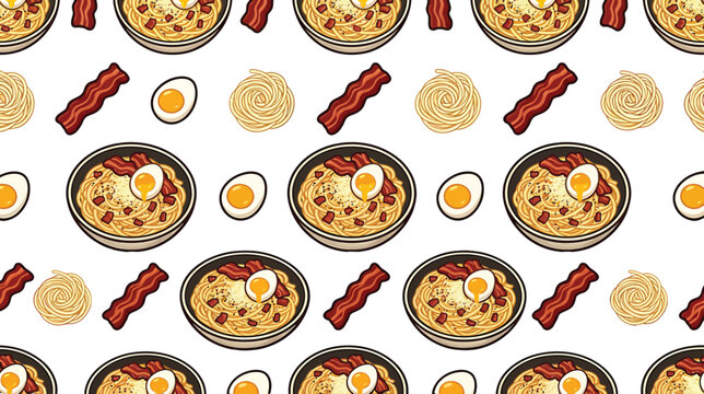 Seamless pattern with ramen noodle bowls bacon strips and boiled eggs on white background vector illustration