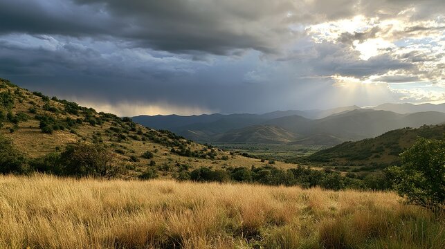 Beautiful and breathtaking view of rain over distant hills. Landscape of rainy hamra over hills.