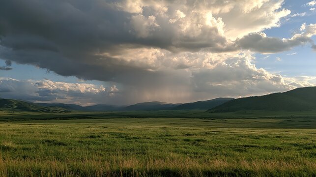 Beautiful and breathtaking view of rain over distant hills. Landscape of rainy hamra over hills.