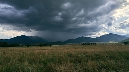 Obraz premium Beautiful and breathtaking view of rain over distant hills. Landscape of rainy hamra over hills.