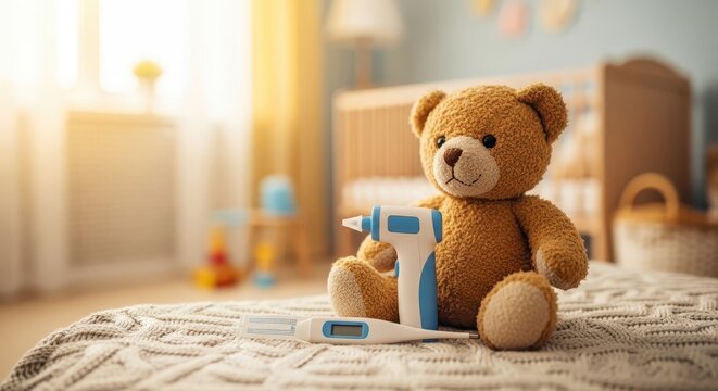 Sick Teddy Bear with Thermometer and Infrared Forehead Device on Bed in Nursery