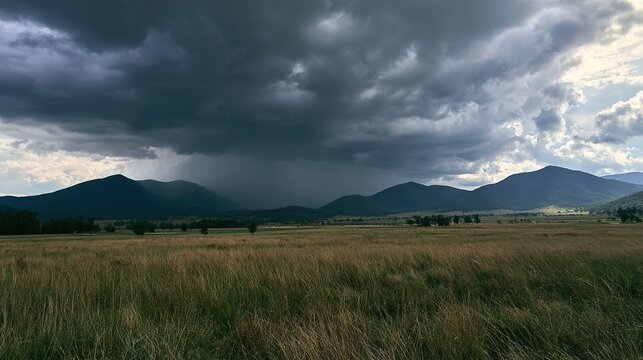 Beautiful and breathtaking view of rain over distant hills. Landscape of rainy hamra over hills.