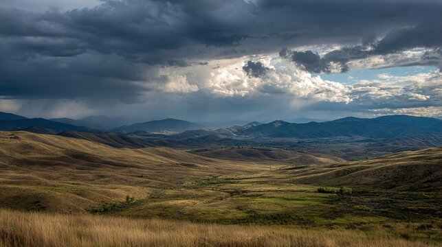 Beautiful and breathtaking view of rain over distant hills. Landscape of rainy hamra over hills.