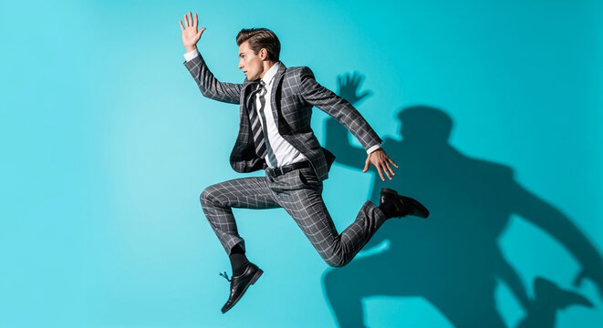 Man in a checked suit jumping dynamically against a blue background, symbolizing energy, success, and achievement, perfect for business or motivation concepts