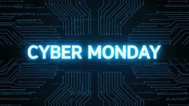 Cyber Monday text on glowing blue digital circuit board background