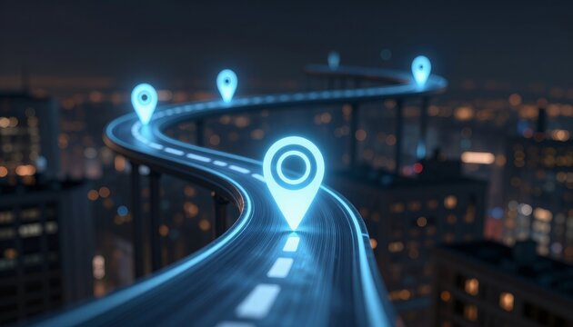 Futuristic Elevated Highway with Glowing Navigation Map Markers