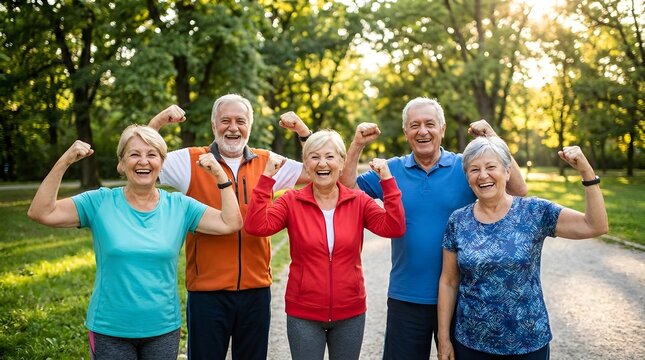 Happy senior friends flexing muscles outdoors in a park during sunny day