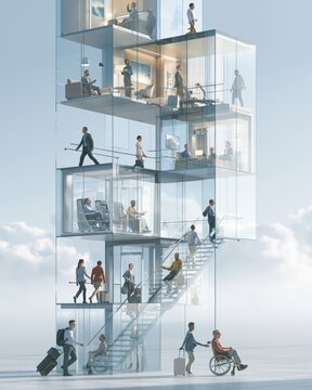People travel, work, and relax in a multi-story glass structure