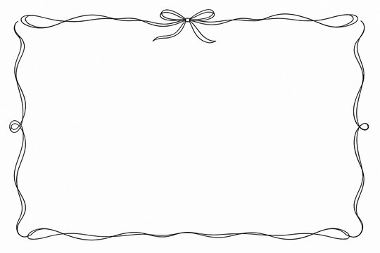 A black and white outline drawing of a decorative, ribbon-edged frame on a plain background.