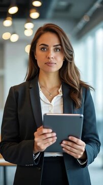 Portrait of senior business woman holding digital tablet while standing at office..