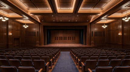 Naklejka premium Architecture, Interior. Great conference hall wood architecture classic style, empty, no people, front view copy space at center
