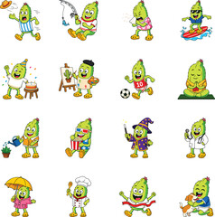 Obraz premium Active cactus mascots fishing, surfing, sneezing, celebrating birthdays, painting, playing sports, gardening, performing magic, working in creative roles. 