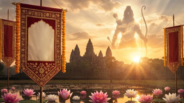 Dussehra Vijayadashami background, magnificent Lord Rama holding divine bow before glowing golden sunrise, elegant temple silhouette