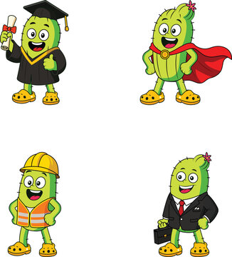 Professional cactus mascots portrayed as a graduate, superhero, construction worker, businessman in colorful flat vector style. 
