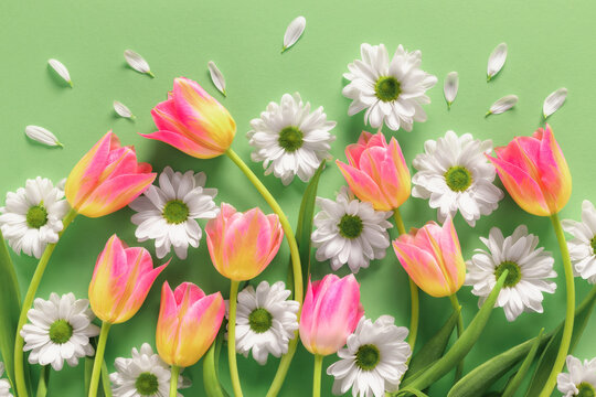 Spring Tulips And Daisies On Green Background
