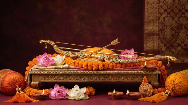 Dussehra Vijayadashami wallpaper, divine bow and arrow resting upon ornate golden platform surrounded by lotus blossoms