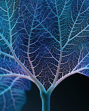Abstract Skeleton Leaf Structure with Vibrant Blue and Purple Hues