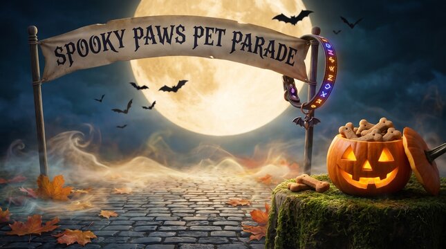 Spooky Paws Pet Parade background, whimsical Halloween collar, pet treats in pumpkin bowl, scattered maple leaves, bats and magical glowing fog beneath harvest moon
