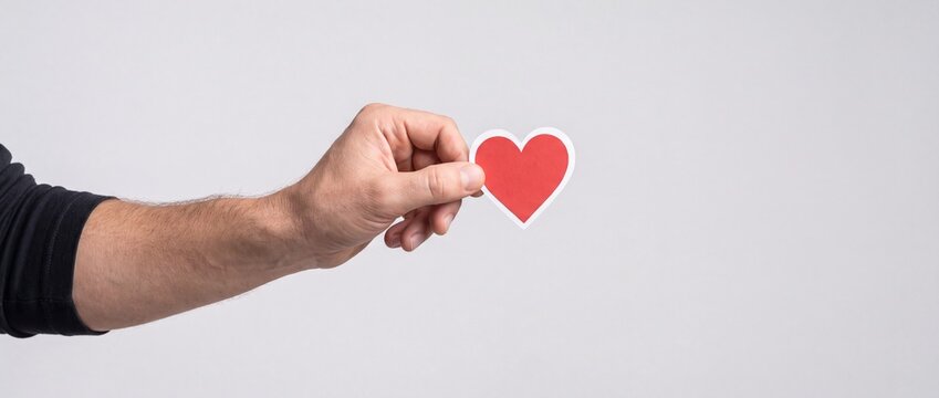 Person holding a red heart sticker against a plain light gray background with emphasizing simplicity emotional expression sticker white border