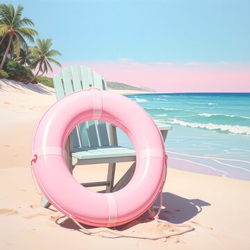 Pink Life Ring on Beach Beside Light Blue Chair and Ocean View