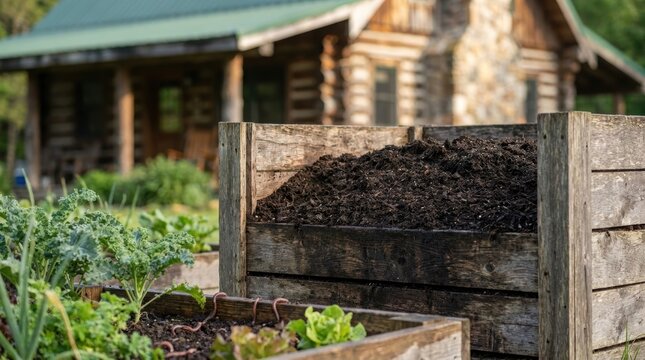 Wooden compost bin in home vegetable garden next to off-grid cabin. Sustainable living lifestyle with organic soil fertilization and homegrown greens for self-sufficient household.