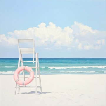 White Lifeguard Chair on Bright Beach with Pink Life Ring and Ocean