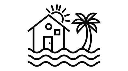 Fototapeta premium Minimalist vector illustration featuring tropical beach house with bright sun rays and swaying palm tree