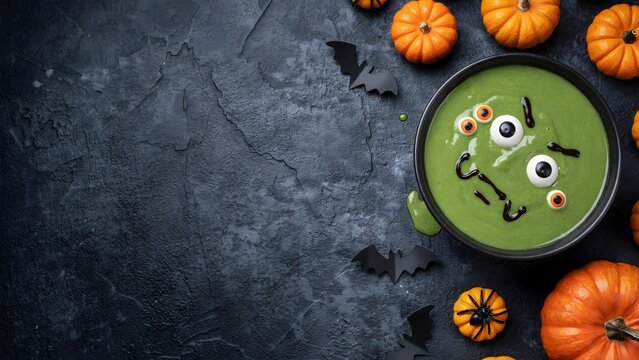 Halloween green monster soup bowl. Spooky food decoration with pumpkins and bats.