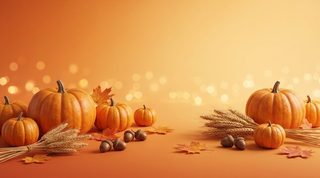 Circleville Pumpkin Show wallpaper, elegant orange and gold autumn gradient with pumpkins, wheat, acorns, maple leaves and subtle glowing bokeh