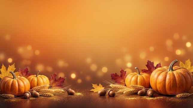 Circleville Pumpkin Show wallpaper, elegant orange and gold autumn gradient with pumpkins, wheat, acorns, maple leaves and subtle glowing bokeh