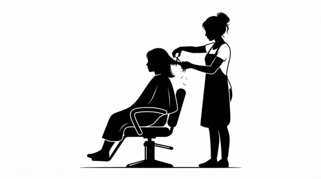 Hair salon silhouette vector illustration of a hairdresser cutting hair for a female customer in a beauty parlor chair